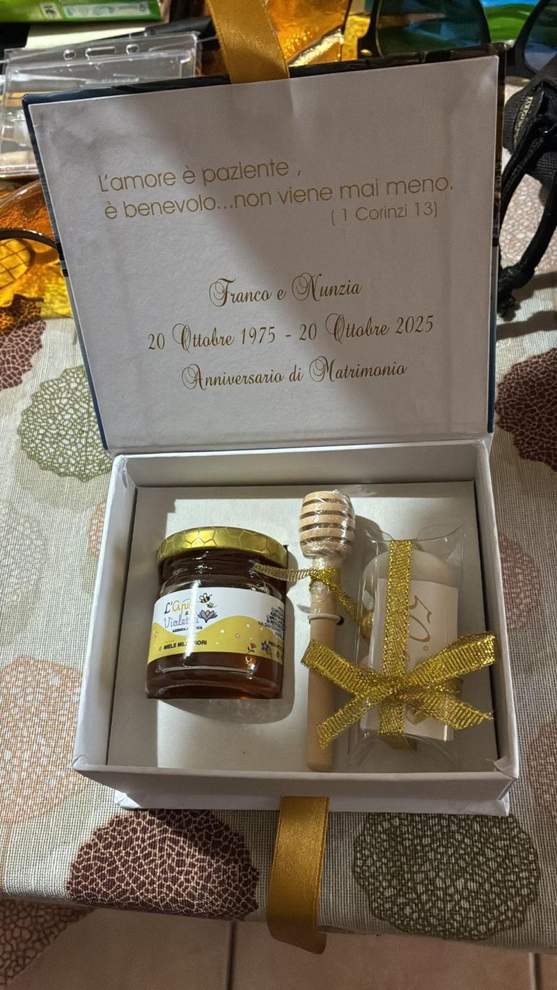 Cofanetto per anniversario di matrimonio con dedica stampata, barattolo di miele e spargimiele